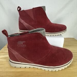 Ladies Sorel Cozy Short Waterproof Booties 40.5/9.5 Red Suede Pull On Boots